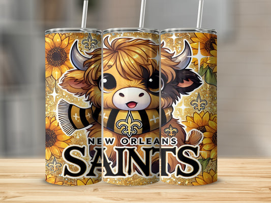 Chibi bull with sunflowers and New Orleans Saints scarf on a tumbler.