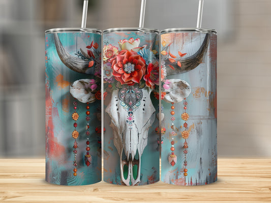 Skull with flowers and feathers, on textured background, white straw.