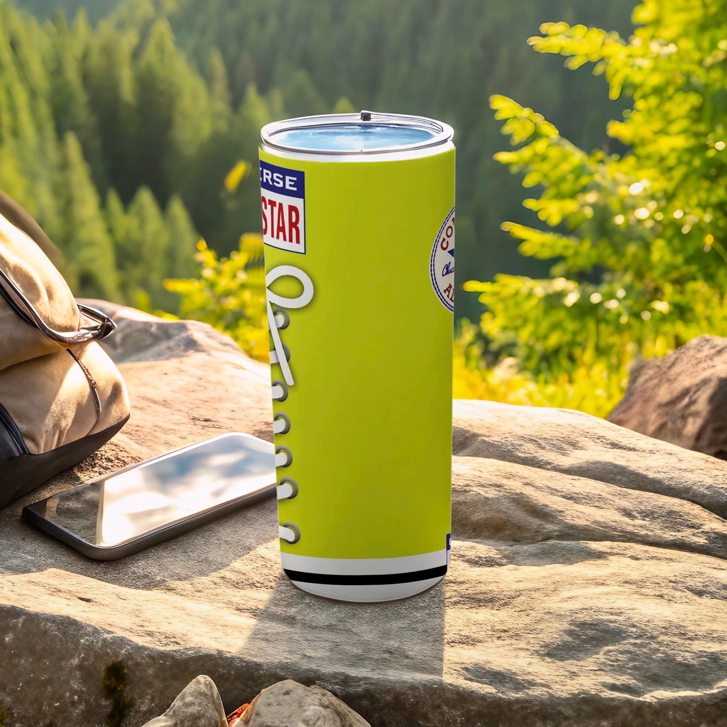Lime green Converse tumbler with white laces and star logo.