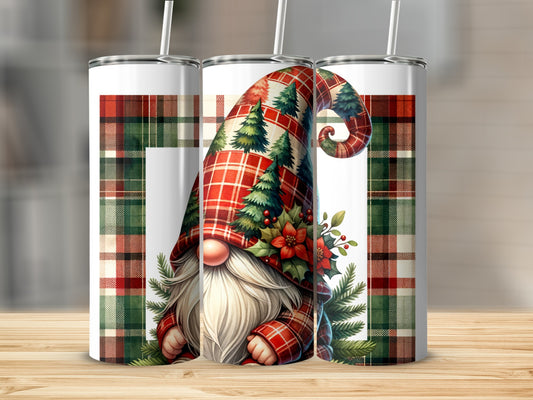 Gnome wearing plaid hat with pine trees and poinsettias on a plaid background.