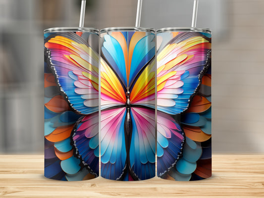 Three tumblers featuring a colorful butterfly design.