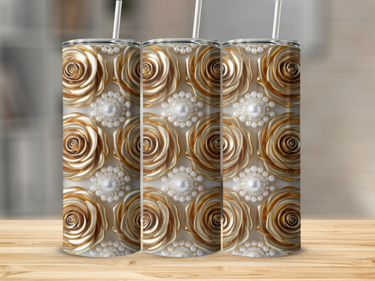 Gold rose and pearl pattern on three tumblers.