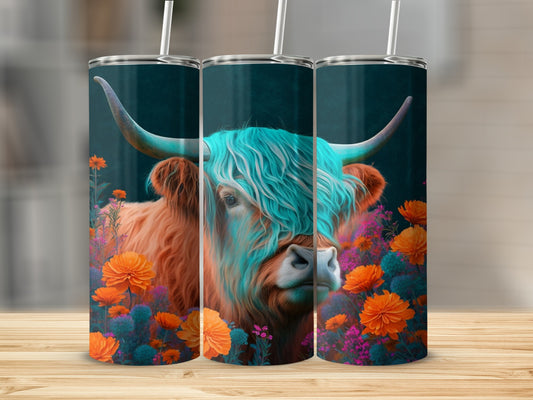 Highland cow with teal mane amidst orange wildflowers on a tumbler.