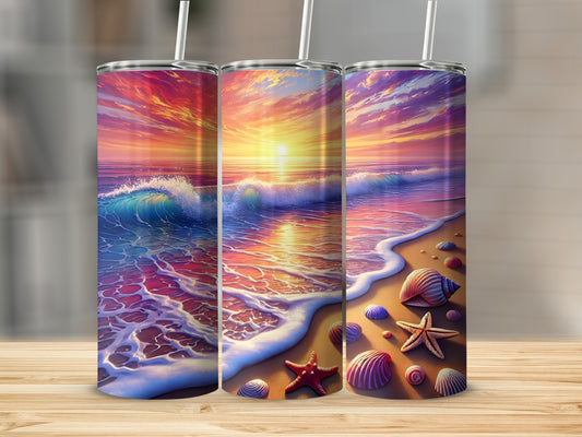 Three tumblers with a sunset beach scene and seashells.