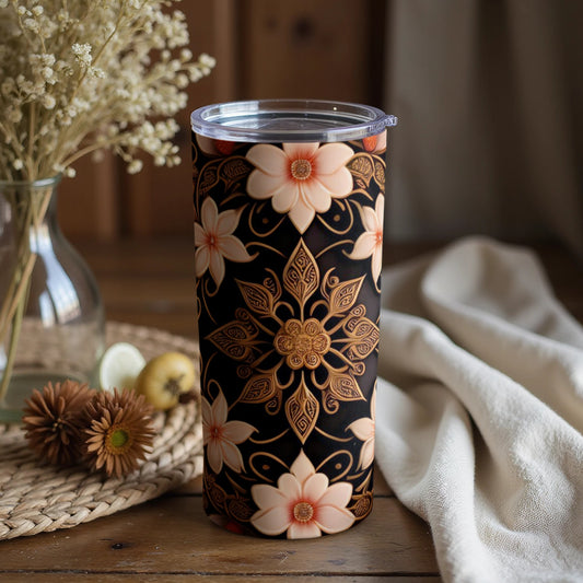 Floral Design Black and Orange Tumbler Cup