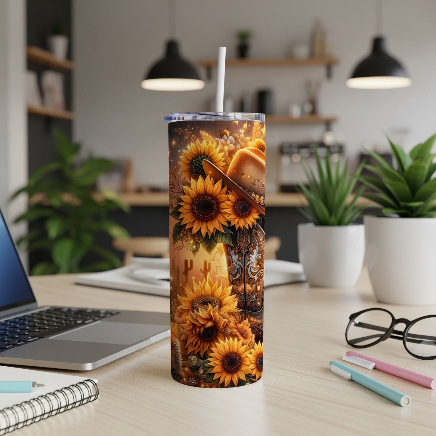 Sunflower and cowboy boot design on a tumbler, with a laptop and pens.