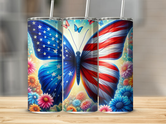 Butterfly tumbler with American flag wings surrounded by colorful flowers.