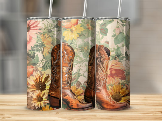 Three cowboy boots with sunflowers on a floral background.