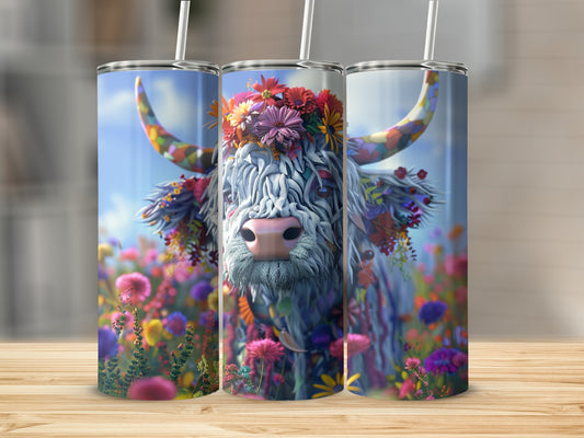Highland cow wearing a floral wreath in a field of flowers.