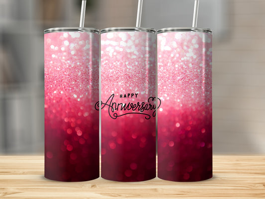 Pink glitter tumbler with "Happy Anniversary" text.