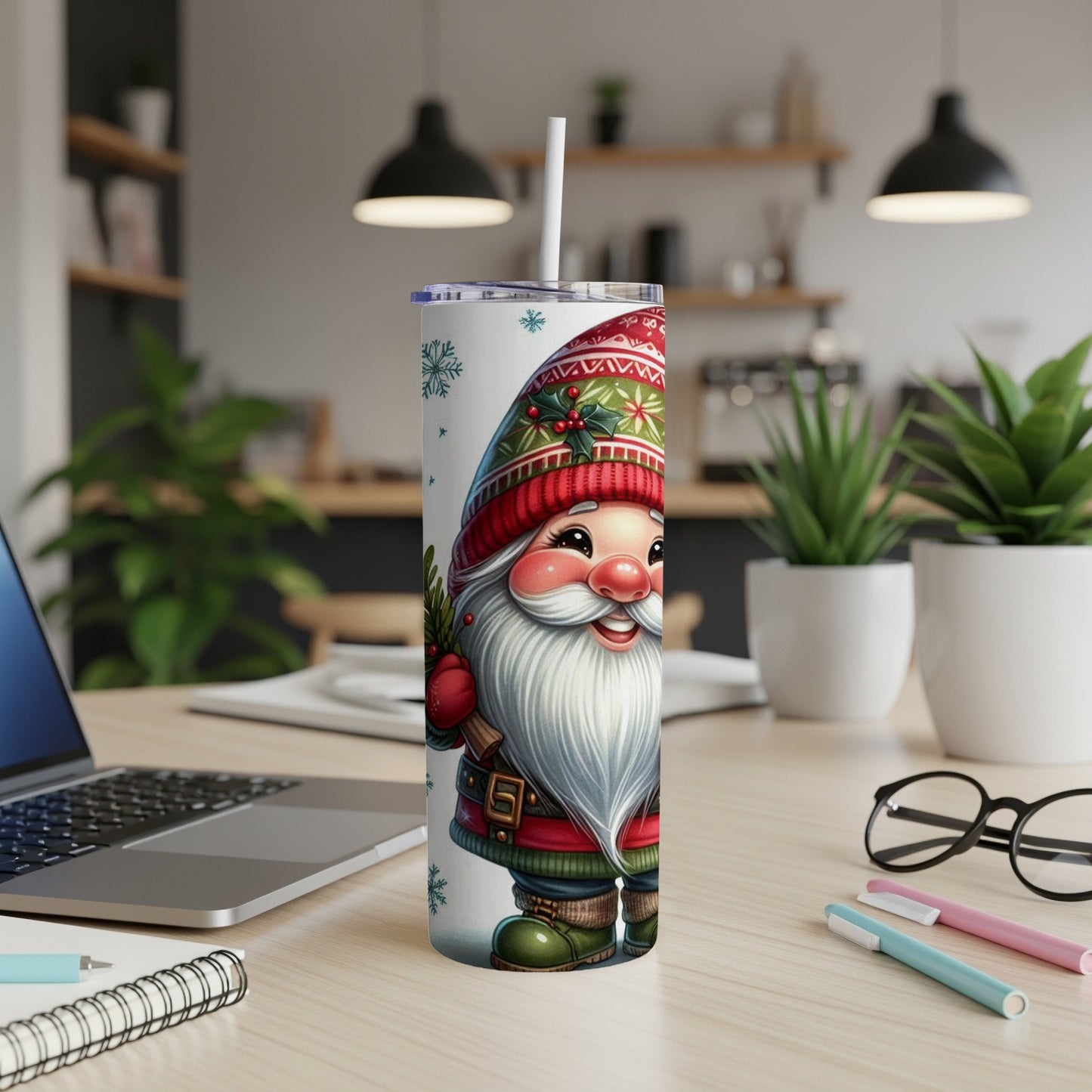 Christmas gnome with beard, hat, and green coat on a tumbler.