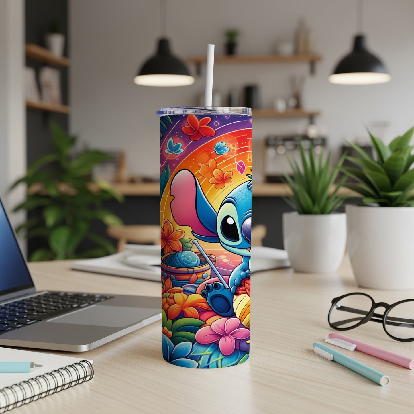 Cartoon Stitch character with colorful floral background on a tall tumbler.