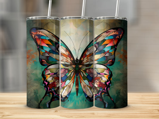 Three tumblers featuring a stained-glass butterfly design.