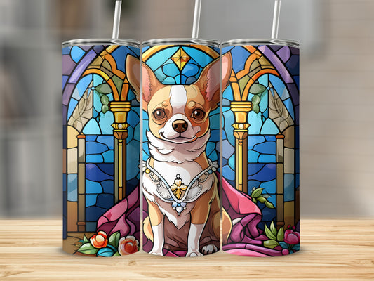 Chihuahua wearing royal cape and collar against stained glass background on tumblers.