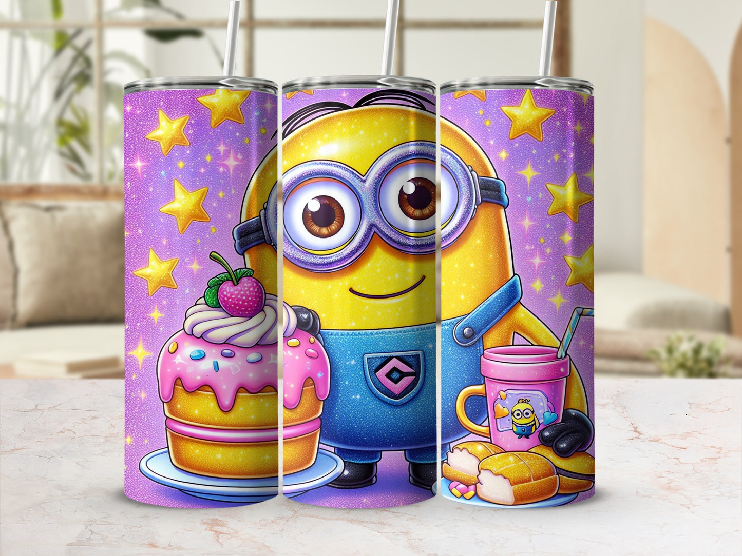 Cute Minion Cartoon Tumbler with Stars and Treats Design
