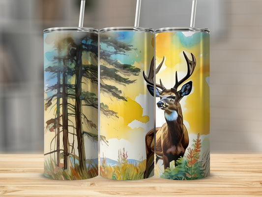 Three tumblers featuring a deer in a forest landscape with a watercolor background.