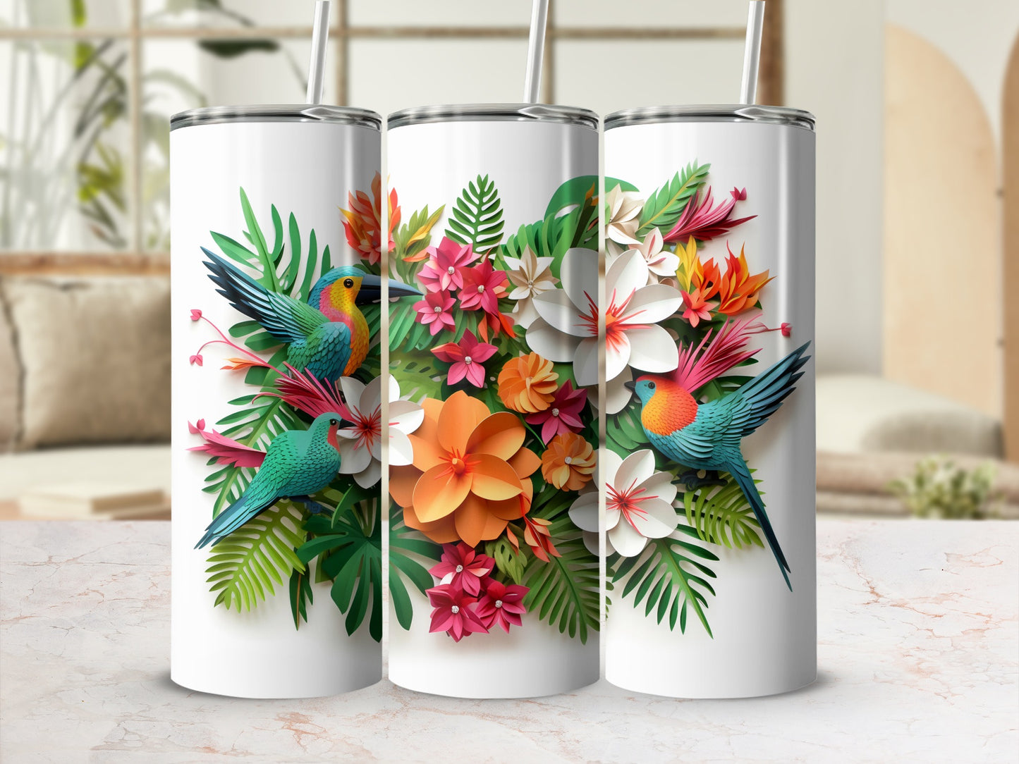 Tropical Birds and Flowers Patterned Tumbler