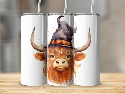 Highland cow wearing a witch hat, watercolor illustration.
