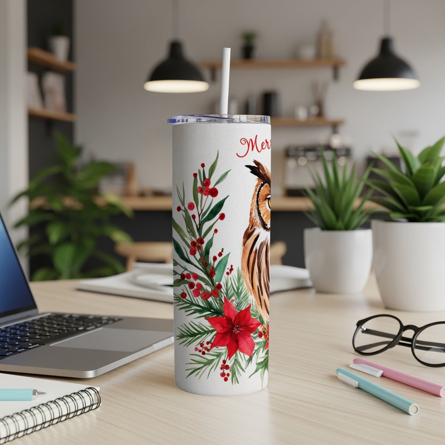 White tumbler with watercolor owl and poinsettia design.