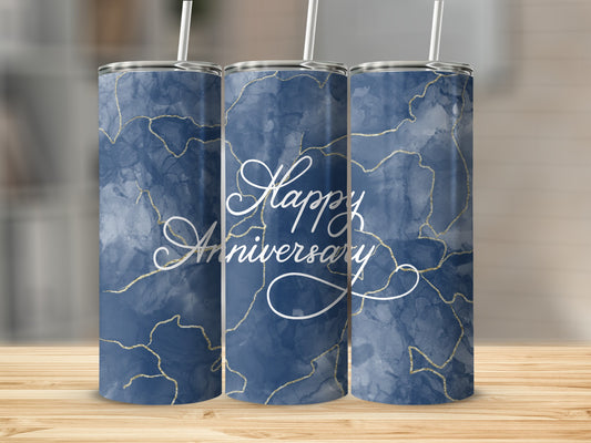 Three navy blue marble tumblers with gold veining and "Happy Anniversary" text.