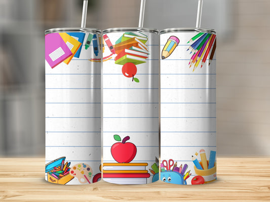 Three tumblers with school supplies and a striped background.
