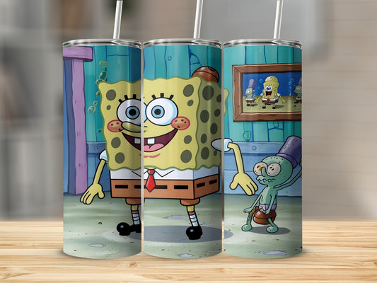 SpongeBob SquarePants and Squidward Tentacles on a tumbler with wood background.