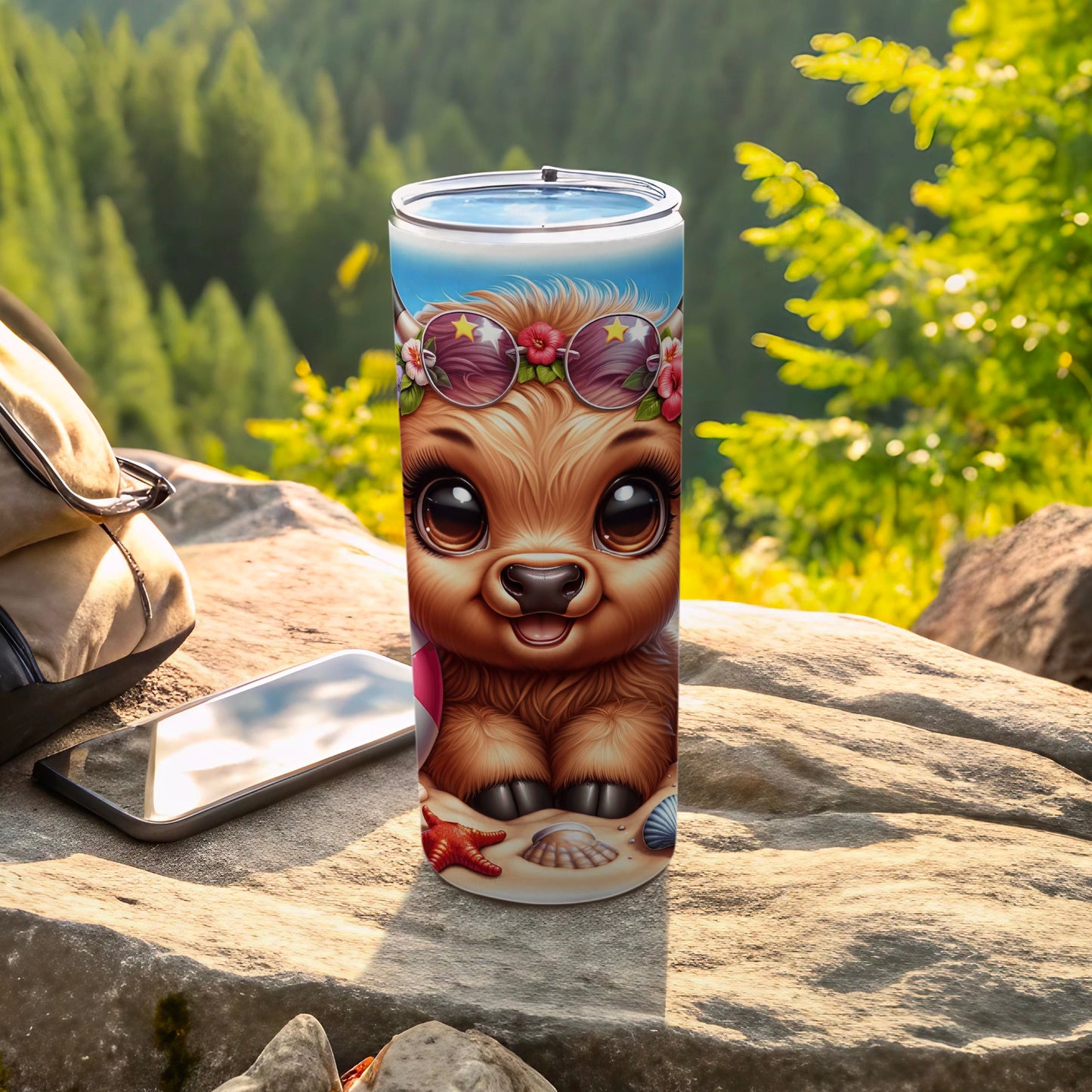 Cute cartoon llama wearing sunglasses and flowers on a tumbler.