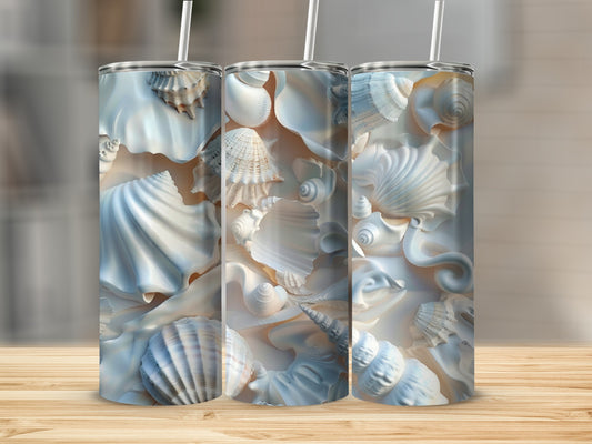 Three tumblers with a detailed seashell pattern.
