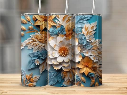 Three blue tumblers with detailed white and gold floral designs.