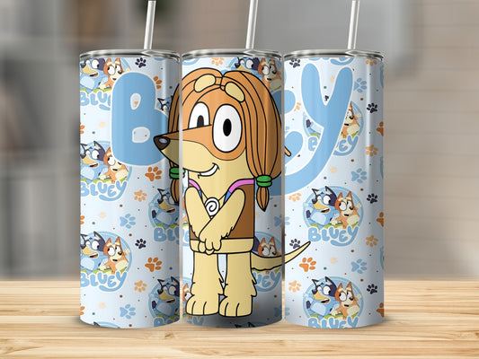 Bluey character on blue patterned tumbler with cartoon dogs.