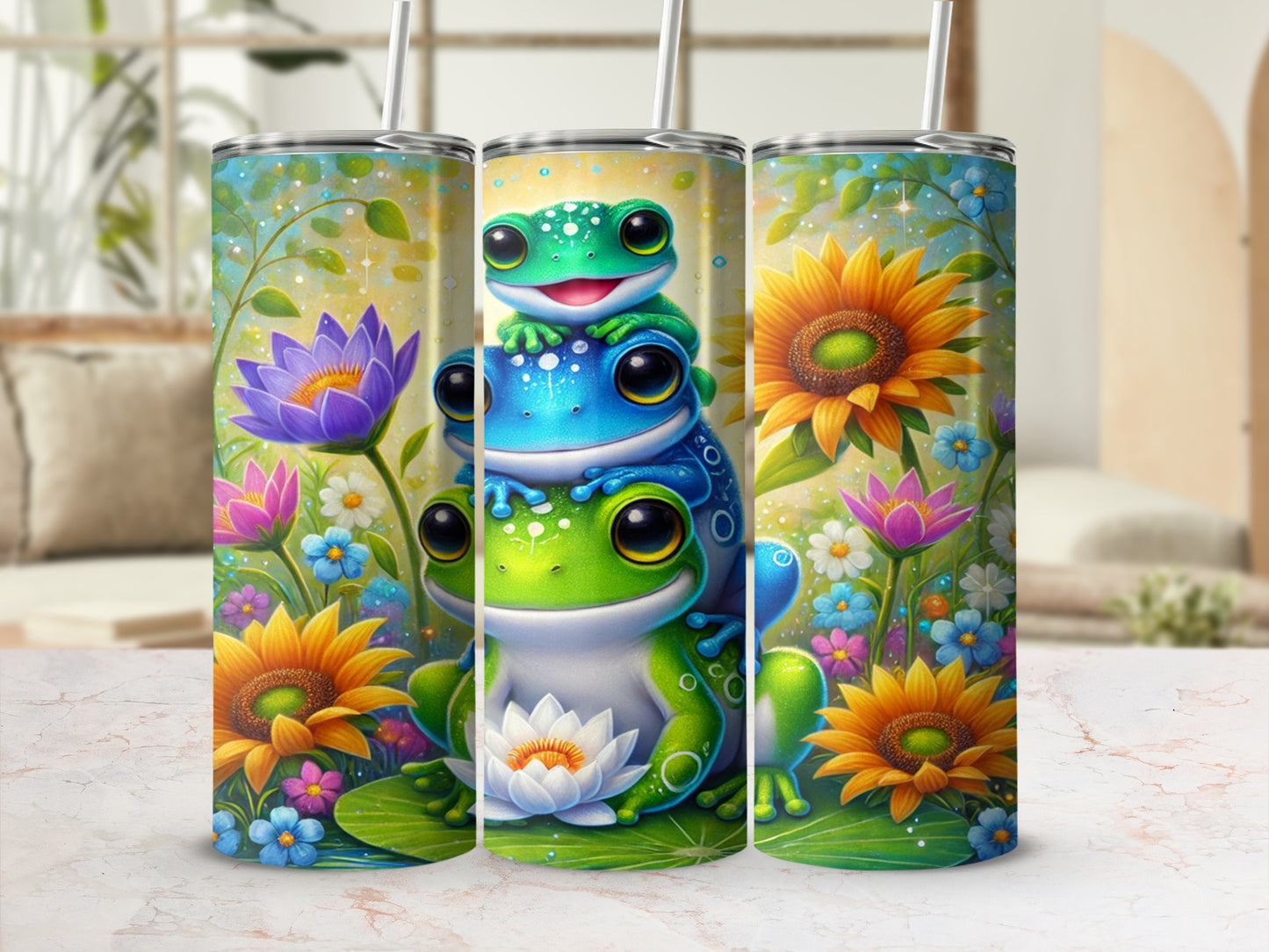Cute Frog and Colorful Flowers Themed Tumbler Product
