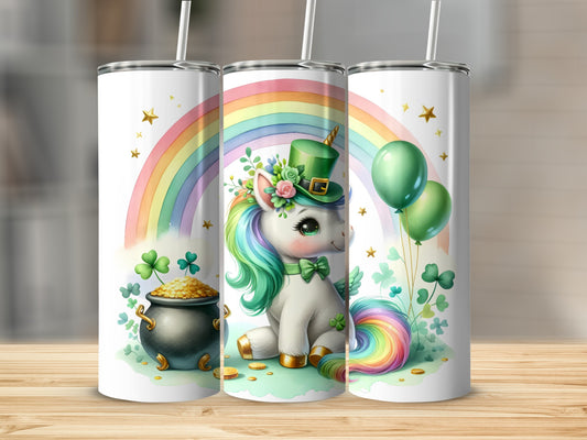 Unicorn with rainbow and leprechaun hat, pot of gold, and balloons.