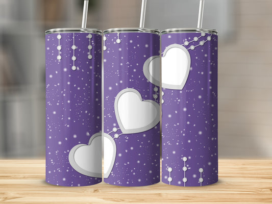 Purple Tumbler with White Hearts and Snowflake Design