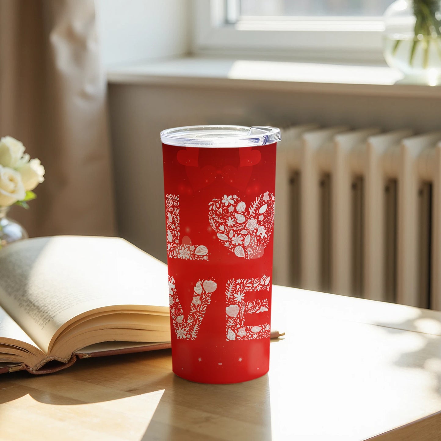 Floral LOVE Tumbler with Bold Red Design