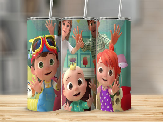 Cocomelon characters JJ, Cody, Nina, and YoYo on a tumbler cup.