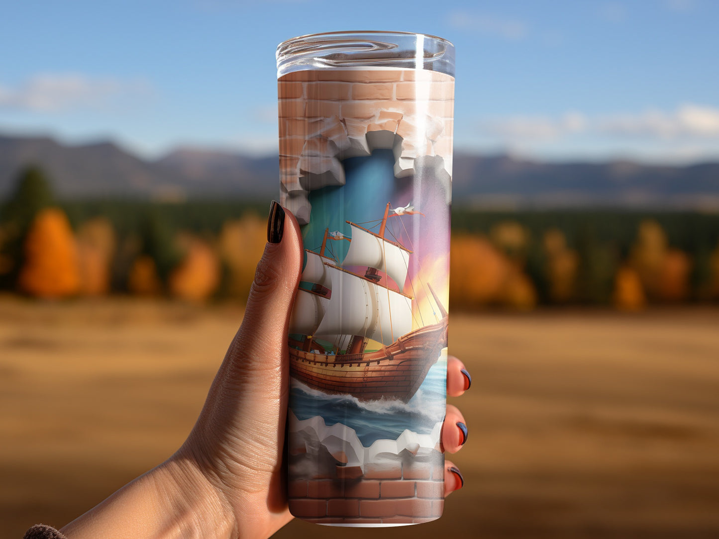 Stunning 3D Ship in Brick Wall Tumbler for Travel Use
