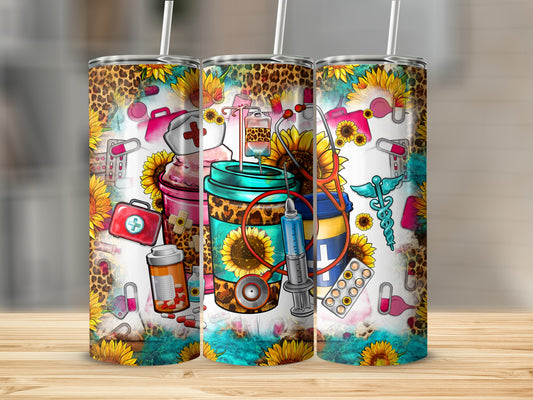 Nurse-themed tumbler with sunflowers, medical icons, and leopard print.