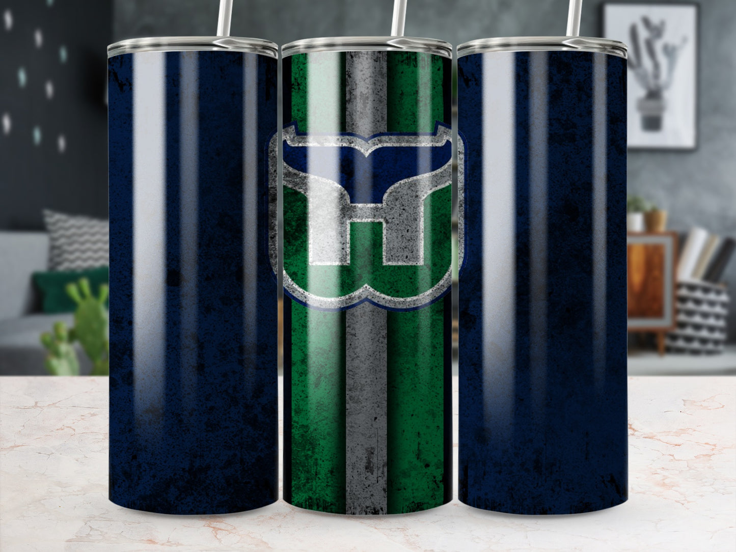 Vintage Blue and Green Striped Tumbler with Logo Design