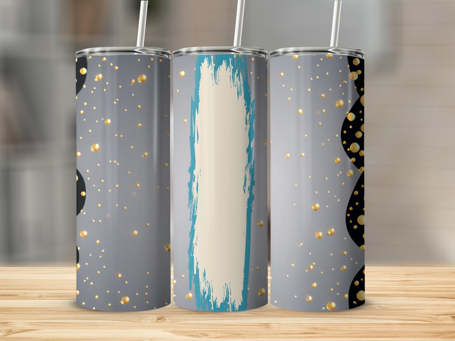 Three tumblers with gray backgrounds, gold circles, and abstract paint strokes.