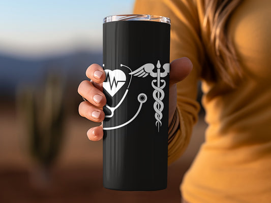 Black Travel Tumbler with Medical Symbol for Nurses