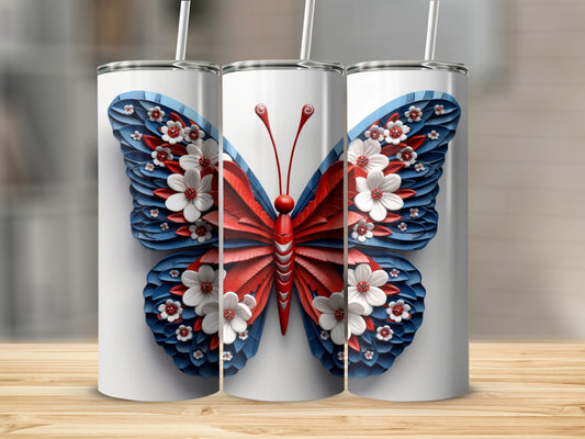Three tumblers featuring a red, white, and blue butterfly design.