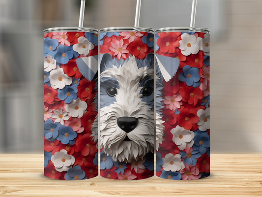Three tumblers featuring a scruffy dog face surrounded by red and blue flowers.