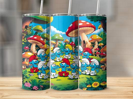 Smurfs characters in a mushroom forest scene on a tumbler.
