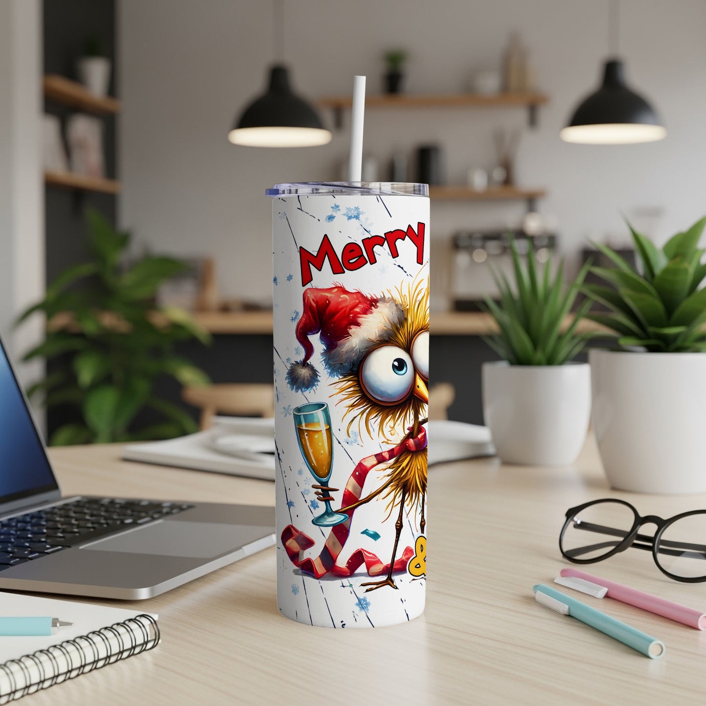 Cartoon chick in Santa hat holding champagne, "Merry" text on tumbler.