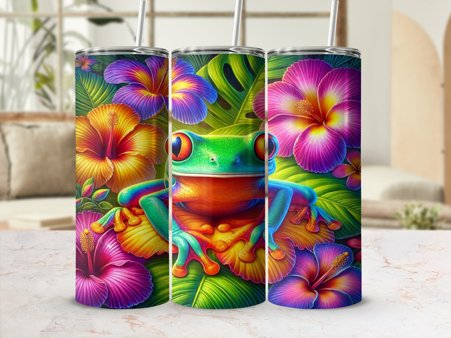 Colorful Tropical Frog and Flowers Insulated Tumbler