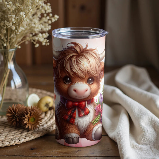 Adorable Highland Cow Tumbler with Red Bowknot Design