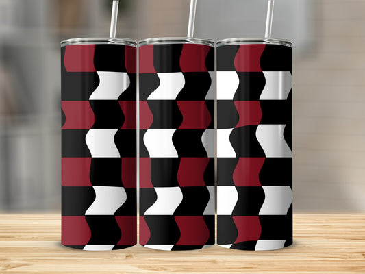 Three tumblers with a red, black, and white checkered wavy pattern.