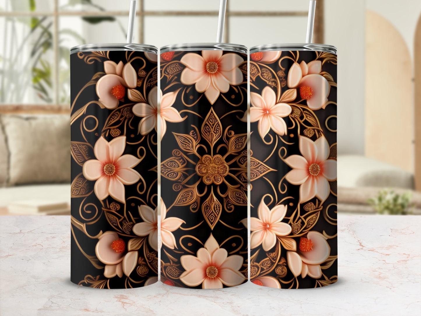 Floral Patterned Insulated Tumbler with Straw Product