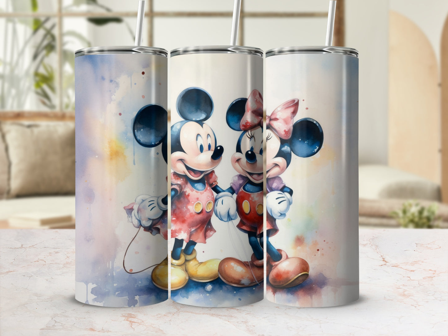 Colorful Mickey and Minnie Illustrated Tumbler Design
