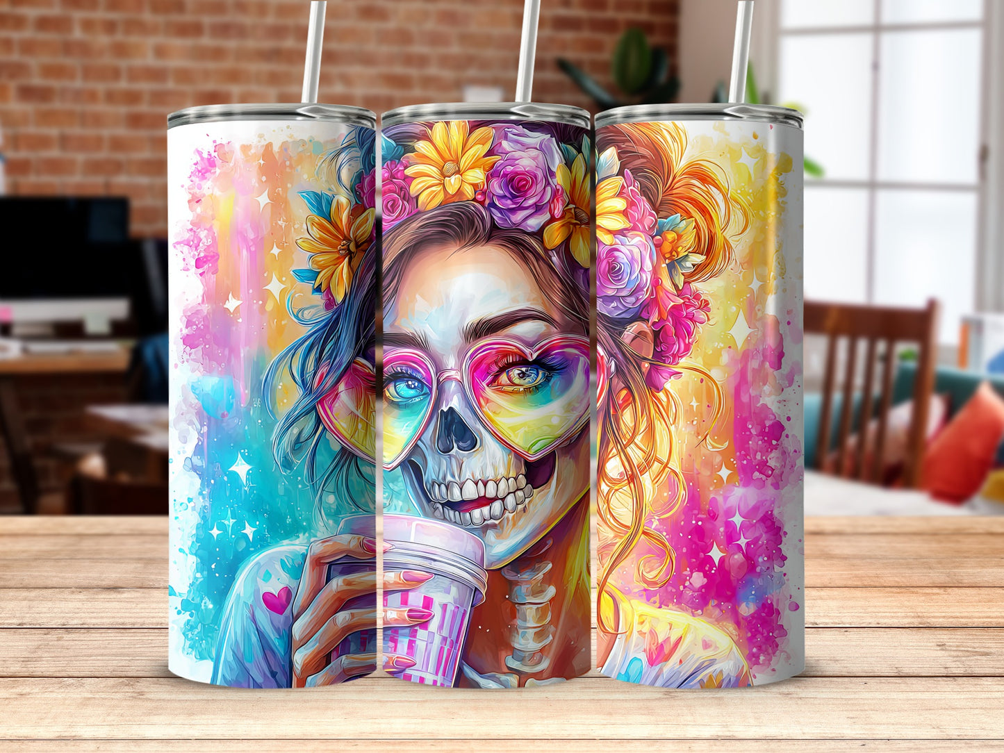 Colorful Skull With Flowers Drinkware Design